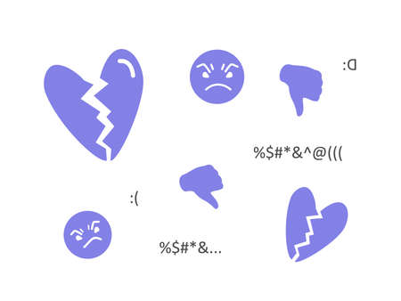 A set of flat illustrations on the theme of negative feedback, comments, disliking and bullying....
