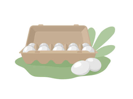 Flat illustration of a composition with an open package of ten eggs and eggs lying separately. Packaging, useful product, shopping, farm product. Illustration of cardboard packaging for eggs. Vector.のイラスト素材