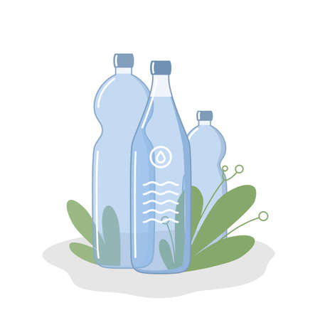 Flat illustration of composition - drinking water in bottles of different shapes on a white background. Vector illustration - eps10.のイラスト素材