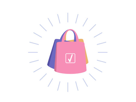 Drawing of shopping bags. Flat illustration - three colored bags. Ordering goods, online store, sale, delivery. Vector illustration - eps10.のイラスト素材