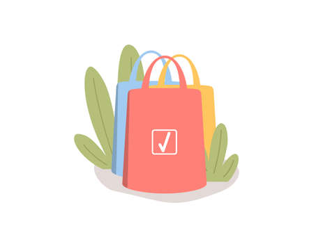 Drawing of shopping bags. Flat illustration - three colored bags. Ordering goods, online store, sale, delivery. Vector illustration - eps10.のイラスト素材