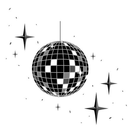 Mirror ball for disco, dance club, party. Rotating black and white disco ball. Vector illustration - eps10.のイラスト素材