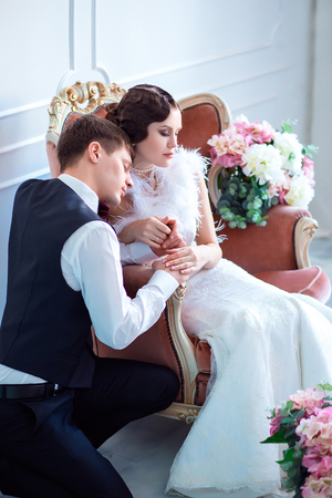 the bride and groom, sincere feelings, a holiday for two, a wedding in retro styleの写真素材