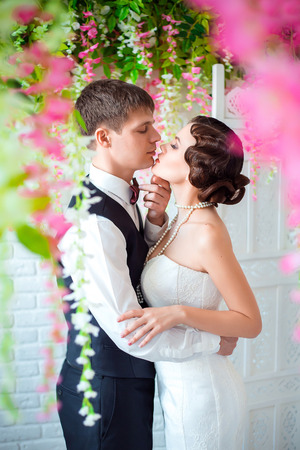 the bride and groom, sincere feelings, a holiday for two, a wedding in retro styleの写真素材