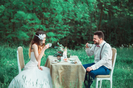 boho style wedding, vintage wedding, bride and groom, sincere feelings, a holiday for two, a wedding in retro style, fashionable toning, creative colorの写真素材