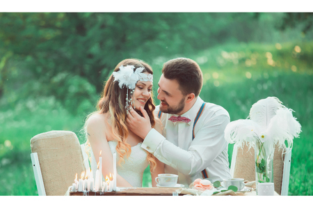 boho style wedding, vintage wedding, bride and groom, sincere feelings, a holiday for two, a wedding in retro style, fashionable toning, creative colorの写真素材