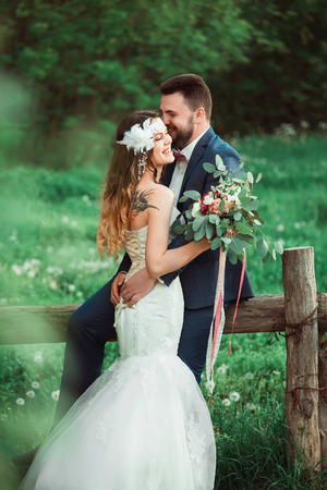 boho style wedding, vintage wedding, bride and groom, sincere feelings, a holiday for two, a wedding in retro style, fashionable toning, creative colorの写真素材