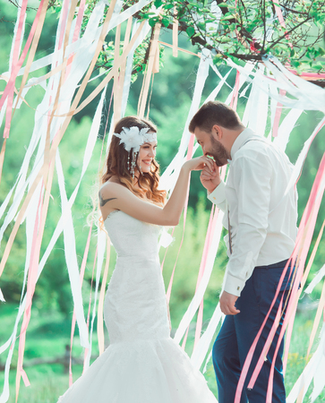 boho style wedding, vintage wedding, bride and groom, sincere feelings, a holiday for two, a wedding in retro style, fashionable toning, creative colorの写真素材