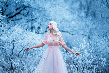 beautiful winter and spring walks in the woods and leaves whimsical patterns of snow on branches
lady in long pastel dress,creative computer colors,fashionable toningの写真素材
