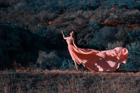 The girl in transparent pink dress with a long train flying, decorated with a flower in her hair. Little pink fairy stands on top of the green hills, creative computer color fashionable toningの写真素材