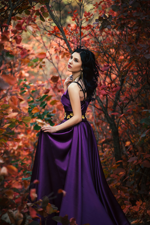 Lady in a luxury lush purple dress ,fantastic shot,fairytale princess in walking in the autumn forest,fashionable toning,creative computer colorsの写真素材