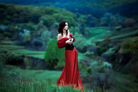 The girl in a beautiful vintage dress with a train, with a tiara in her hair. Fairy stands on top of the green hills, Creative fashionable color toningの写真素材