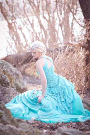 beautiful fairy in a long turquoise dress walks among the enchanted forest , princess, queen, fantastic fotoshoot fashionable toning , creative colorの写真素材