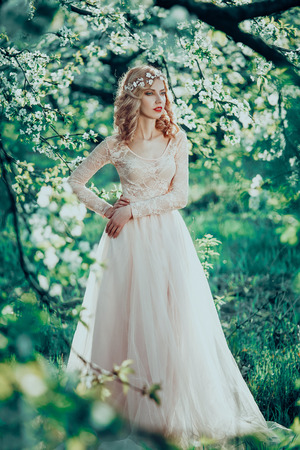 beautiful spring walk in the woods among the trees blooming in April
a lady in a long dress pastel , creative computer colors, fashionable toningの写真素材