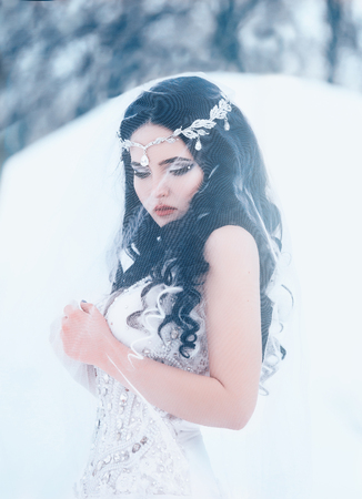 Luxurious brunette in a white dress standing in  a snowy forest , Snow Queen, fairytale princess ,a fantastic shot,a fashionable toning , creative colorの写真素材
