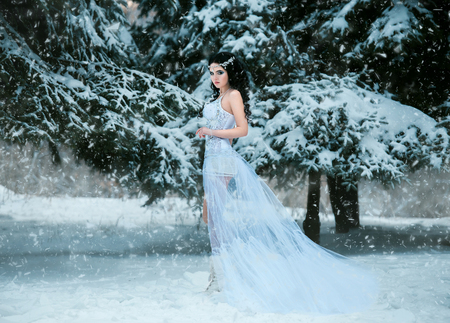 Luxurious brunette in a white dress standing in  a snowy forest , Snow Queen, fairytale princess ,a fantastic shot,a fashionable toning , creative colorの写真素材