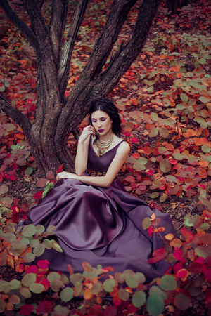 Lady in a luxury lush purple dress ,fantastic shot,fairytale princess is walking in the autumn forest,fashionable toning,creative computer colorsの写真素材