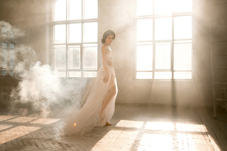 Lady in white vintage dress standing in a large spacious room, fantastic shot, fairytale princess turned into smoke, trendy toning, creative computer colorsの写真素材