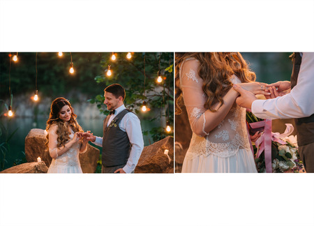 Unusual, beautiful wedding night under the open sky.Luxurious decoration with lights and candles.Retro style.The ceremony on the background of beautiful nature. put on wedding ring.Fashionable toning.の写真素材