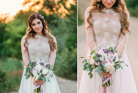 lady in white dress in nature with a beautiful bouquet of flowersの写真素材