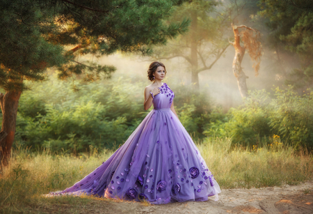 Beautiful, young, brunette in a luxurious, purple, long dress.  Fairy Photo. Creative toning. Queen walking in the fairy forest.の写真素材