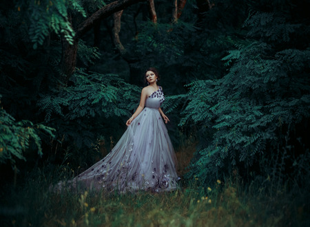 Ladies luxury lush long dress with unusual patterns. Fairy Princess walking in the miraculous, the fantastic forest. Outfit - exclusive handmade. Photo Fairy. Fashionable toning. Creative computer colors.の写真素材