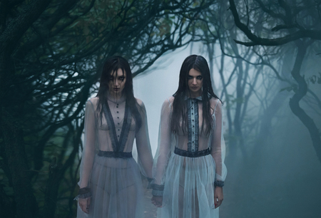 The girls are crying. Young ladies in ancient dresses walking through the woods in search of a...