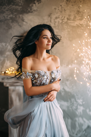 Beautiful girl standing in the room. She dressed luxury gray dress. Wind waves her skirt and hair. The photo fills the Christmas spirit. Creative colorsの写真素材