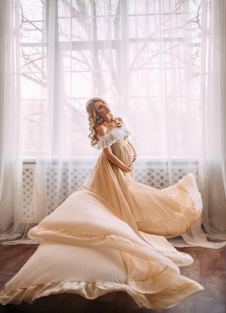 Pretty pregnant woman in  long dress. Waiting for baby. Fashionable toningの写真素材