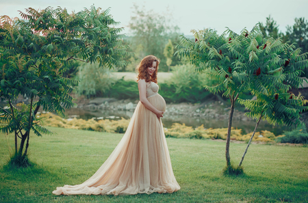 Cute woman in a beautiful dress with a long train. Fantastic picture of pregnancy. Creative colors.の写真素材