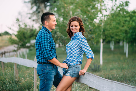 A loving couple having fun in nature. Creative toning.の写真素材