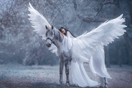 Beautiful, young elf, walking with a unicorn. She is wearing an incredible light, white dress. The girl lies on the horse. Sleeping Beauty. Artistic Photographyの素材 [FY31094199484]