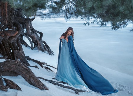 A mysterious wanderer in a luxurious dress and a blue cloak that flutters in the wind. On the background of a frozen river near the forest, old pocked pines, snow. Unreal winter landscape. Art photoの写真素材