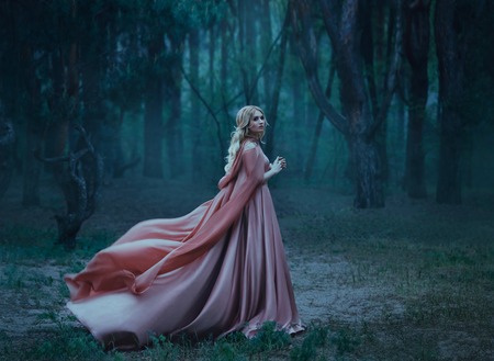 A mysterious blonde girl in a long pink dress with a train and a raincoat that flutters in the wind. The wizard leaves in a forest covered with fog. A background of trees with a haze away. Art photoの写真素材