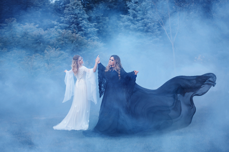 Two women yin yang in the fog. The Dark Magician meets the Light Elf a sorceress. Mighty witches are dancing in the woods, their dresses are fluttering in the wind. Fairy forest in a dense fogの写真素材