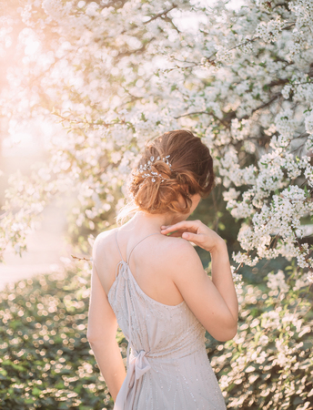 Red-haired girl in a modest, gray dress in rustic style. Portrait of the bride against the background of a flowering tree. A neat, collected hairdo in an airy beam. Photo from the back without a faceの写真素材