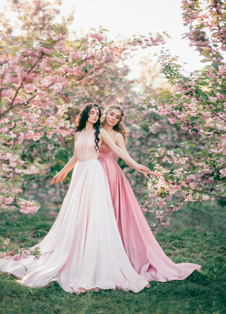 Two gentle, incredible elves walk in the fabulous cherry blossom garden. Princesses in luxurious, long, pink dresses. Two loving sisters embrace each other. Art photography, vanilla colorsの写真素材