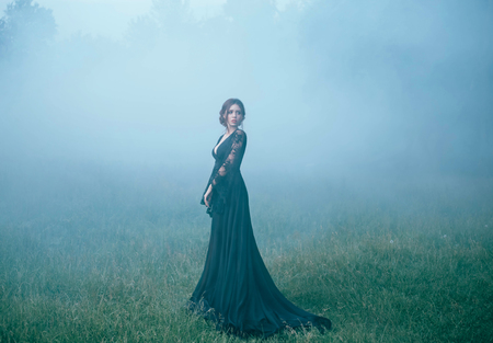 a girl in a black long dress walking along ia a clearing in thick fog. scared, beautiful, witch ia going to the forest, looking for a house. art photo. halloween costume. model. dark. mystic. evil.の写真素材