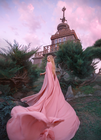 witch elf rises to the castle, princess with blond hair, oblique and tiara dresses pink dress and cloak with a long train, curling with the wind, flies and fluttering, amazing sky with nude cloudsの写真素材