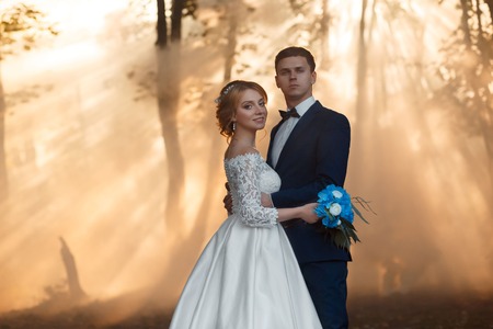 young couple of blonde bride with a wreath on her head in a beautiful long white wedding luxurious dress and groom to a strict fashionable stylish blue suit. lovers embrace each other in the sunの写真素材