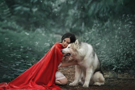 fabulous image, dark-haired brunette attractive lady in short white dress, long red scarlet cloak...