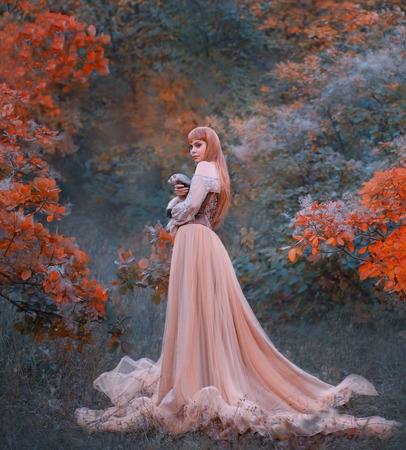 charming gorgeous girl with fiery red hair stands alone in forest in long light elegant dress with leather corset and holds cute wild animal in her arms. princess with domestic ferret walks in natureの写真素材