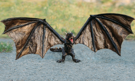 powerful strong dragon with black thick scales, a mythical fairy-tale creature opened his mouth for collage, frightening power of an animal with large and sharp fangs and claws, wide wingsの写真素材