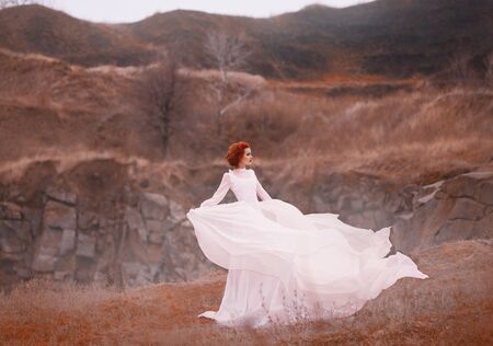 Red-haired beauty in a white vintage dress, stands on top of a hill, Background of the rocky mountains. Luxurious outfit with a long train flutters in the wind. Light flying silk fabrics. warm colorsの写真素材