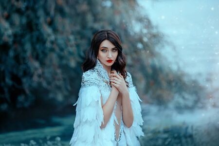 Attractive pretty woman in a white cape with silver and feathers. The gentle snow queen. Portrait of a luxurious brunette, hairstyle retro style cold wave. Big blue eyes and red lips. Gentle makeupの写真素材