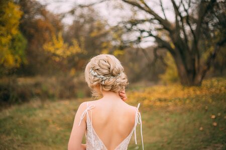 Beauty fashionable elegant collected high hairstyle. beautiful blondeの写真素材