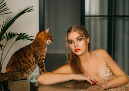 Portrait of attractive cute pretty young blonde girl with bengal cat. Beautiful girl looking at camera, elegant hairstyle delicate golden makeup blue eyes. Background white room scandinavian interiorの写真素材