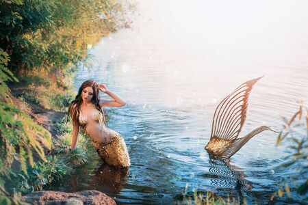 Fantasy woman real mermaid myth goddess of sea. Art goldfish creative costume ocean siren sexy body spa relaxation. mystic spirit of lake river floats swimming in water. sunset nature Magic sun lightの写真素材