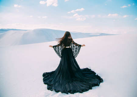 Rear view Silhouette of Beauty woman. Queen in black clothes stands in desert. Girl fashion model....