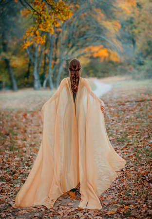 Fantasy fairy woman with long hair in a medieval dress with cape. Long-haired red-haired elf girl walk away into the distance through the misty autumn forest. Rear view. Art processing yellow treesの写真素材